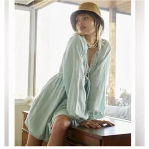 Free People Summer Struttin' Crochet Puff Sleeve Mini Summer Light Green Size XS